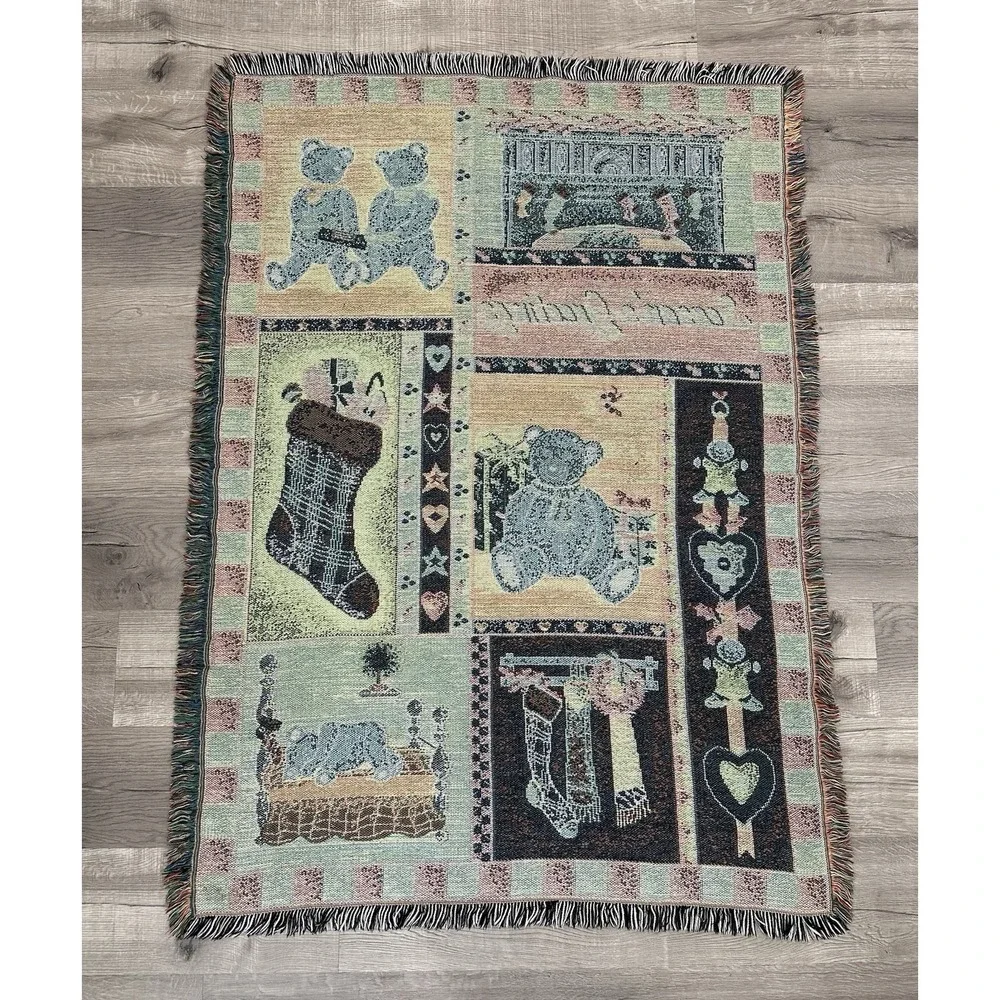 Vintage Christmas Tapestry Throw Teddy Bear Patchwork Theme Grandmacore READ
